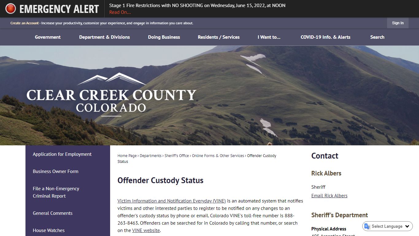 Offender Custody Status | Clear Creek County, CO ...